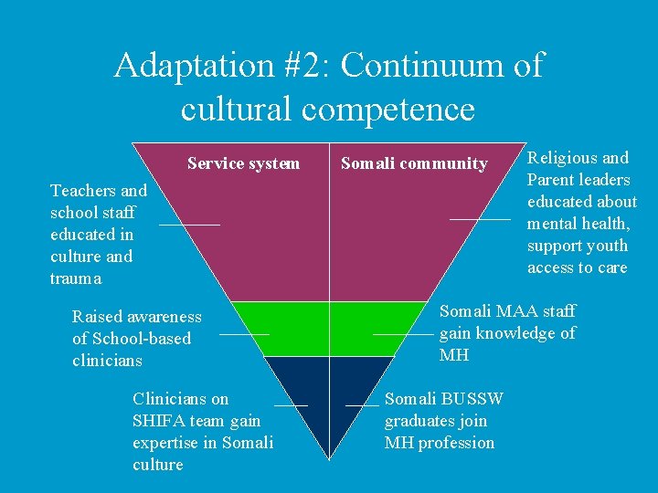 Adaptation #2: Continuum of cultural competence Service system Somali community Teachers and school staff