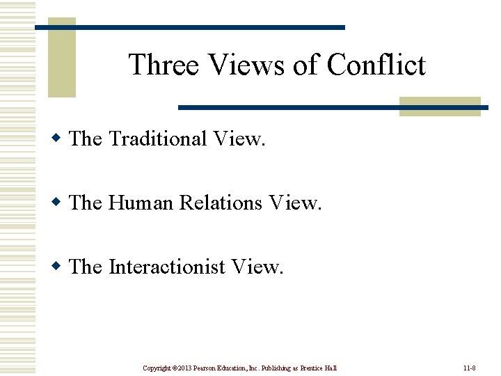 Three Views of Conflict w The Traditional View. w The Human Relations View. w