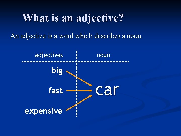 What is an adjective? An adjective is a word which describes a noun. adjectives