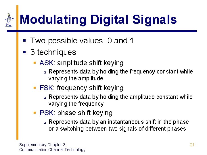 Modulating Digital Signals § Two possible values: 0 and 1 § 3 techniques §