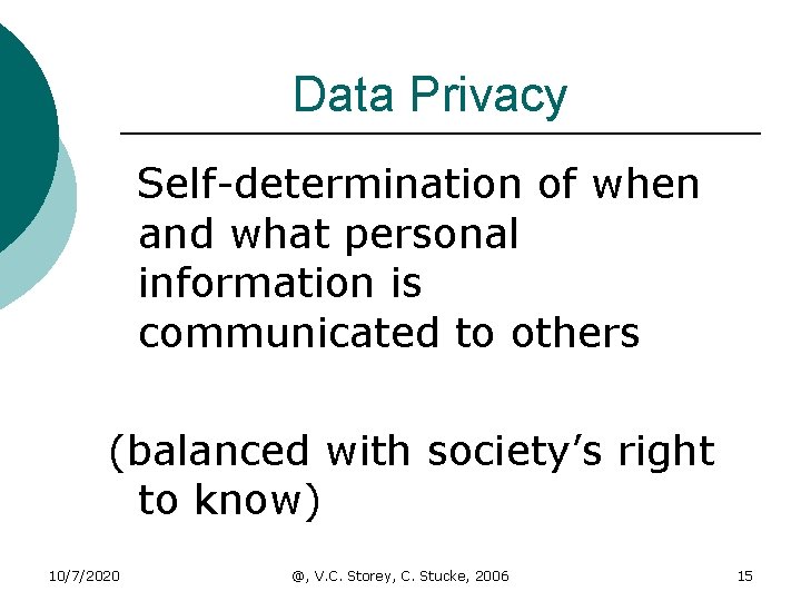Data Privacy Self-determination of when and what personal information is communicated to others (balanced