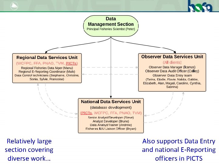 Relatively large section covering diverse work… Also supports Data Entry and national E-Reporting officers