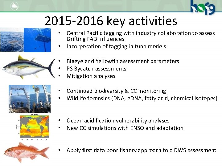 2015 -2016 key activities • Central Pacific tagging with industry collaboration to assess Drifting