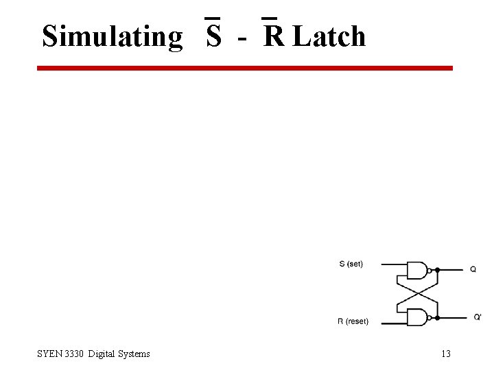 Simulating S - R Latch SYEN 3330 Digital Systems 13 