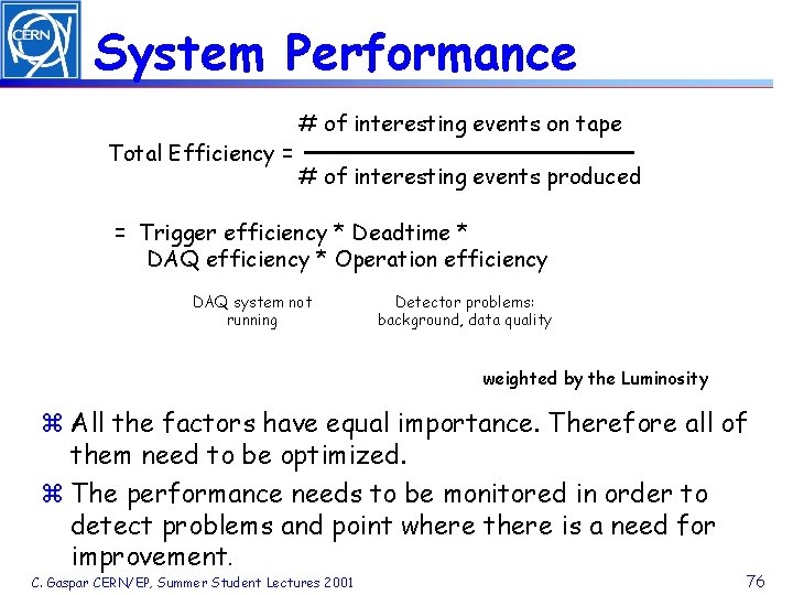 System Performance Total Efficiency = # of interesting events on tape # of interesting