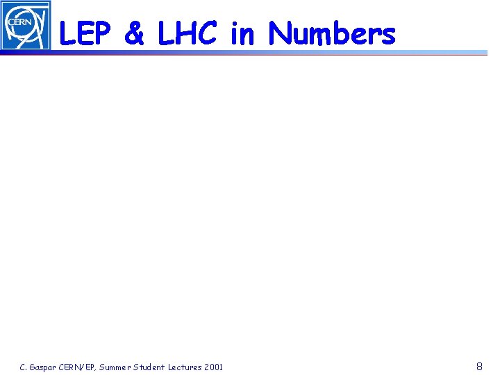 LEP & LHC in Numbers C. Gaspar CERN/EP, Summer Student Lectures 2001 8 