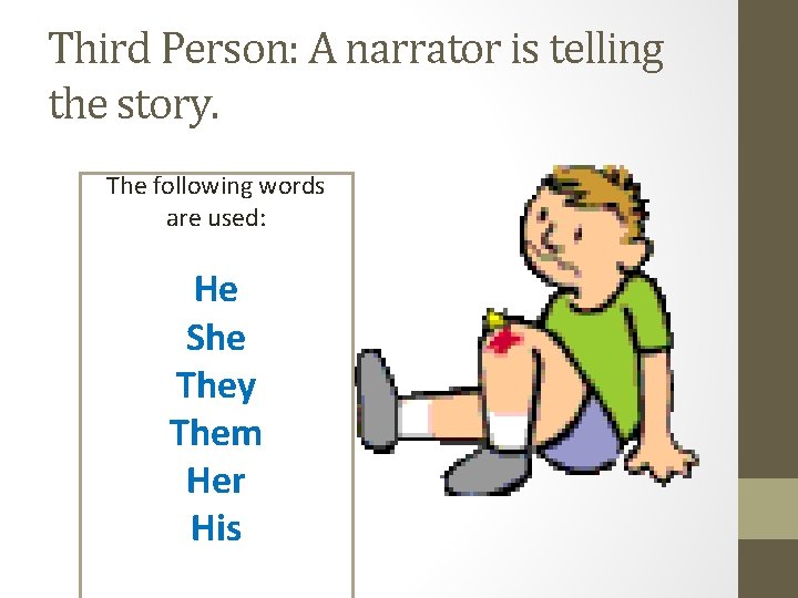 Third Person: A narrator is telling the story. The following words are used: He