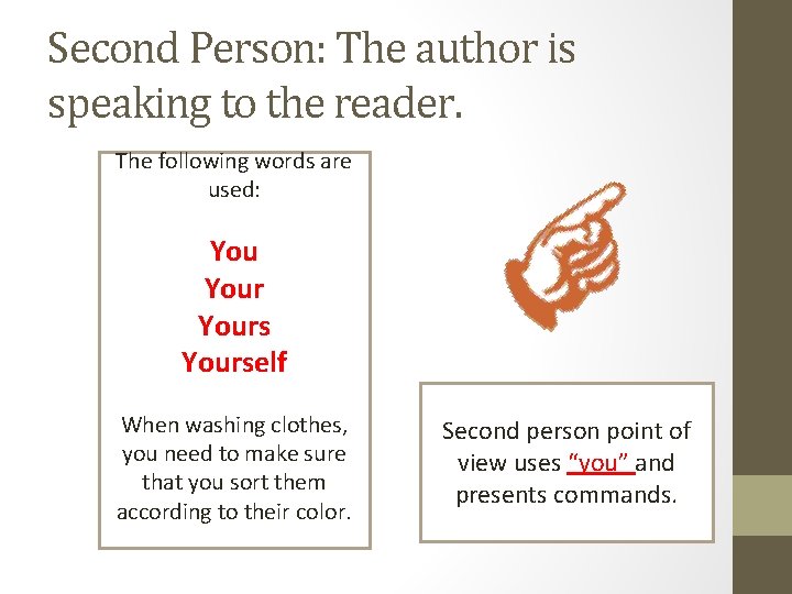 Second Person: The author is speaking to the reader. The following words are used: