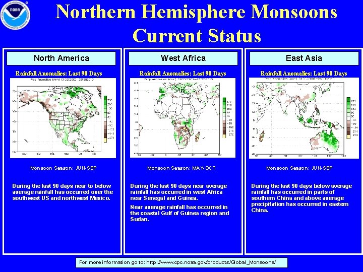 Northern Hemisphere Monsoons Current Status North America Rainfall Anomalies: Last 90 Days Monsoon Season: