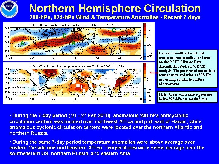 Northern Hemisphere Circulation 200 -h. Pa, 925 -h. Pa Wind & Temperature Anomalies -