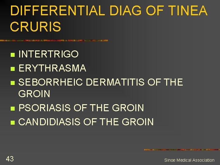 DIFFERENTIAL DIAG OF TINEA CRURIS n n n 43 INTERTRIGO ERYTHRASMA SEBORRHEIC DERMATITIS OF