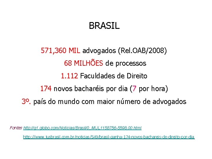 BRASIL 571, 360 MIL advogados (Rel. OAB/2008) 68 MILHÕES de processos 1. 112 Faculdades
