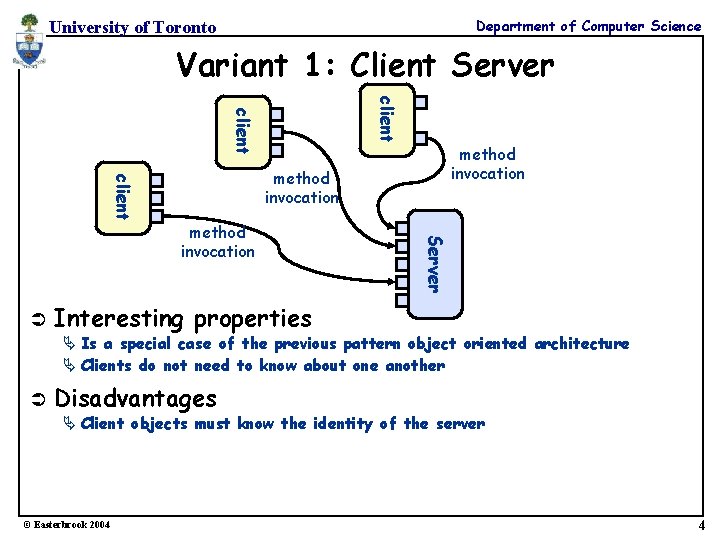 Department of Computer Science University of Toronto Variant 1: Client Server client method invocation