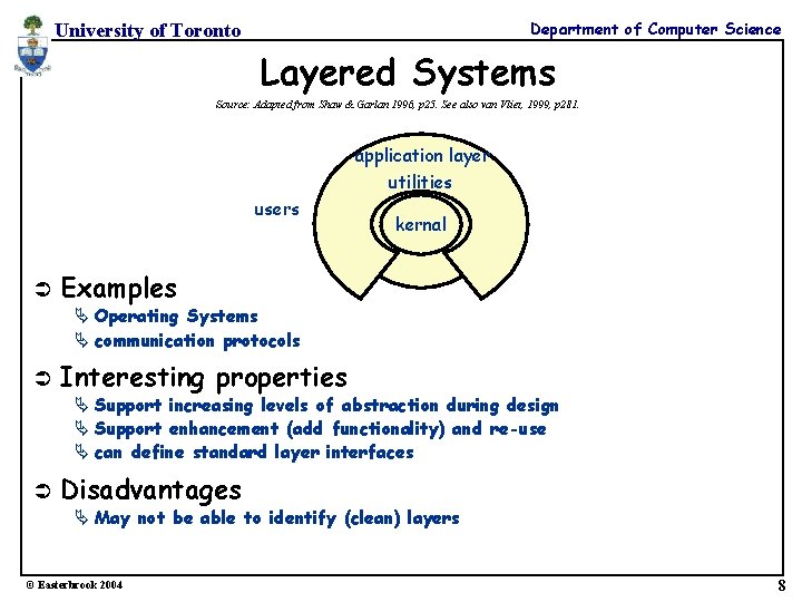 Department of Computer Science University of Toronto Layered Systems Source: Adapted from Shaw &