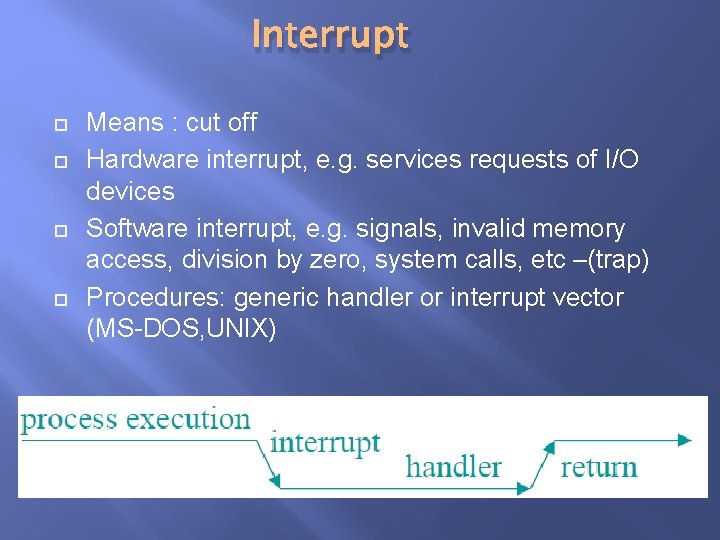 Interrupt Means : cut off Hardware interrupt, e. g. services requests of I/O devices Interrupt Means : cut off Hardware interrupt, e. g. services requests of I/O devices