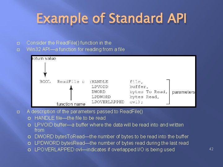 Example of Standard API Consider the Read. File() function in the Win 32 API—a Example of Standard API Consider the Read. File() function in the Win 32 API—a