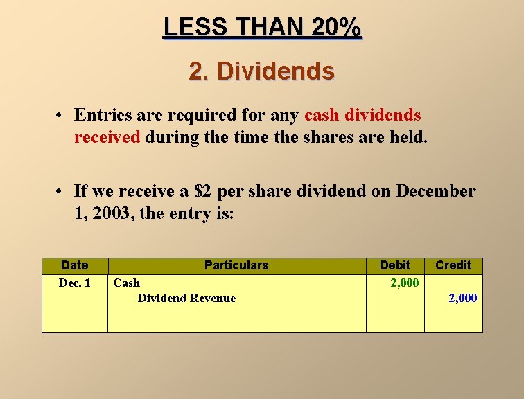 LESS THAN 20% 2. Dividends • Entries are required for any cash dividends received