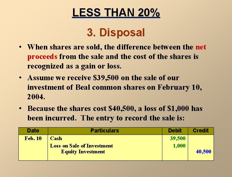 LESS THAN 20% 3. Disposal • When shares are sold, the difference between the