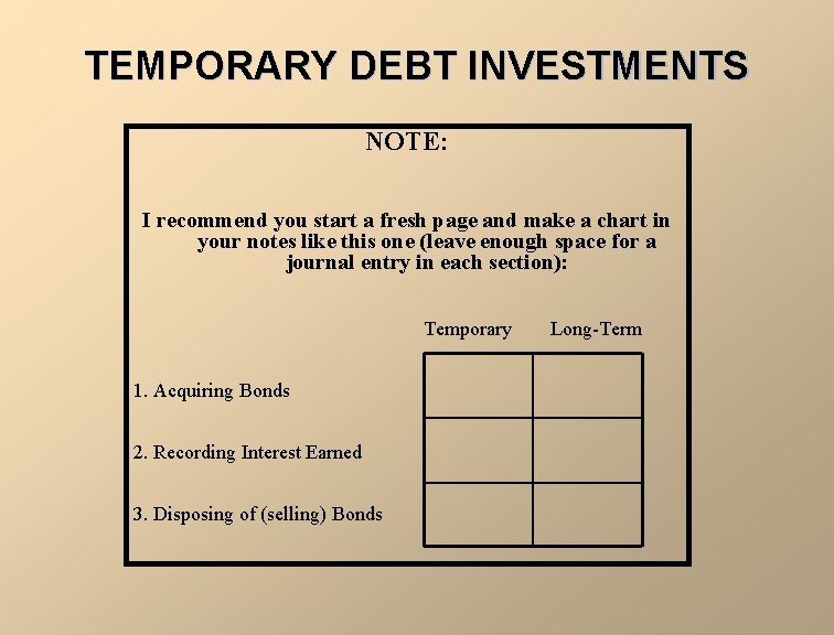 TEMPORARY DEBT INVESTMENTS NOTE: I recommend you start a fresh page and make a