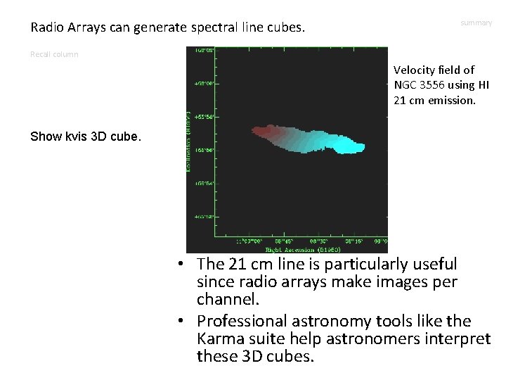 Radio Arrays can generate spectral line cubes. summary Recall column Velocity field of NGC