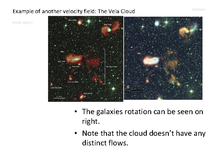 Example of another velocity field: The Vela Cloud summary Recall column • The galaxies