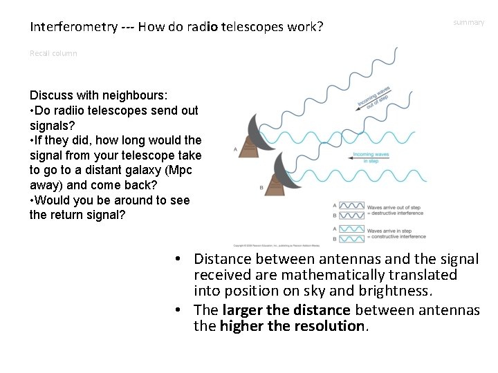 Interferometry --- How do radio telescopes work? summary Recall column Discuss with neighbours: •