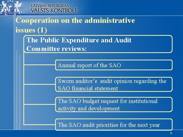 Cooperation on the administrative issues (1) The Public Expenditure and Audit Committee reviews: Annual