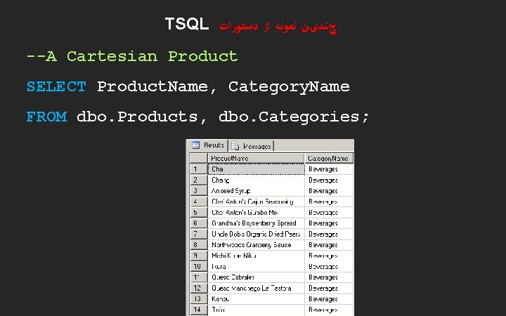 TSQL چﻨﺪیﻦ ﻧﻤﻮﻧﻪ ﺍﺯ ﺩﺳﺘﻮﺭﺍﺕ --A Cartesian Product SELECT Product. Name, Category. Name FROM