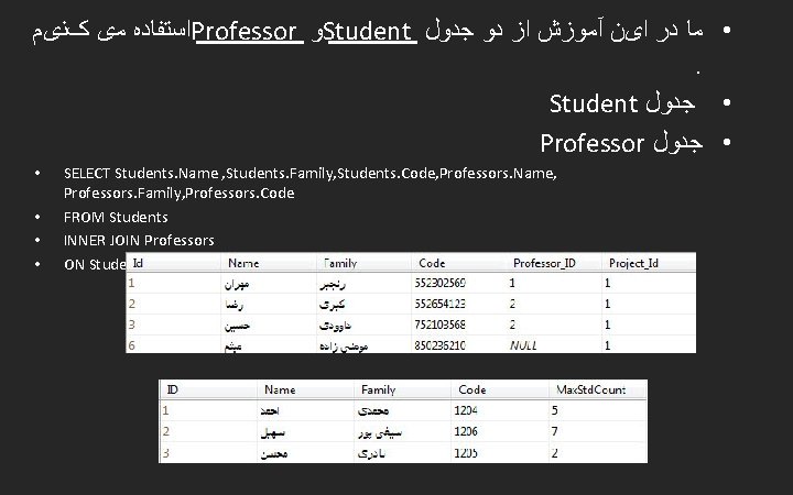  کﻨیﻢ ﻣی ﺍﺳﺘﻔﺎﺩﻩ Professor ﻭ Student ﺟﺪﻭﻝ ﺩﻭ ﺍﺯ آﻤﻮﺯﺵ ﺍیﻦ ﺩﺭ •