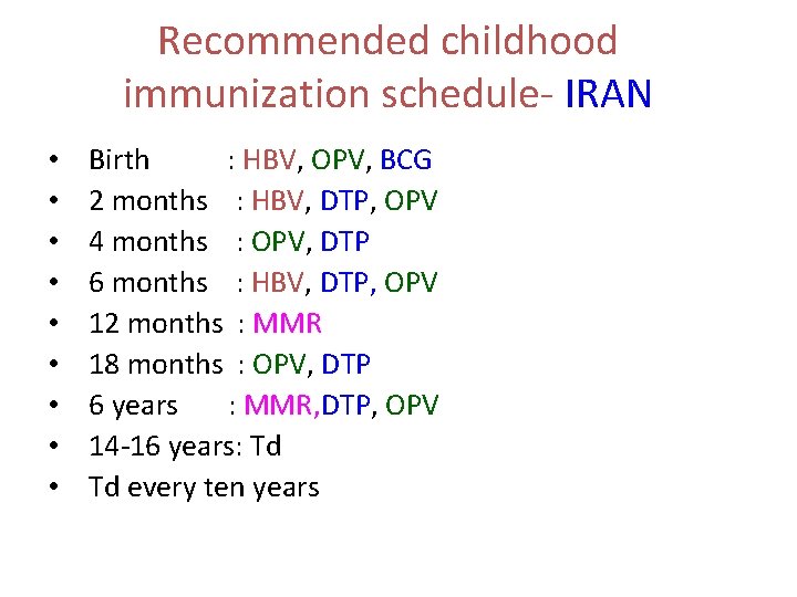 Recommended childhood immunization schedule- IRAN • • • Birth : HBV, OPV, BCG 2