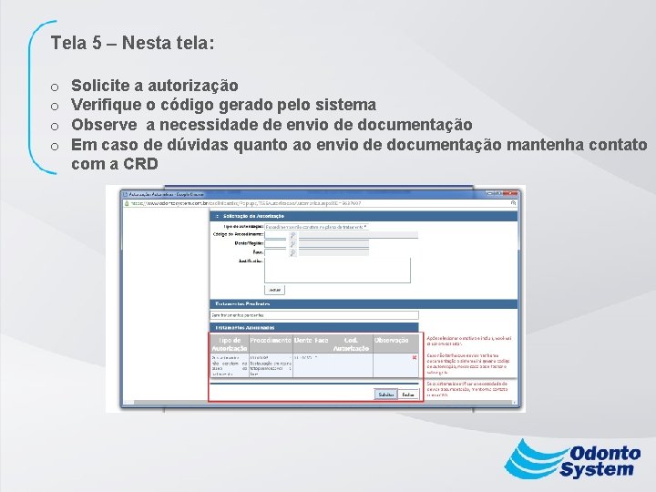 Tela 5 – Nesta tela: o o Solicite a autorização Verifique o código gerado