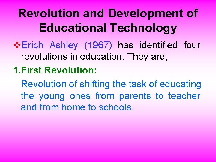 Revolution and Development of Educational Technology v. Erich Ashley (1967) has identified four revolutions