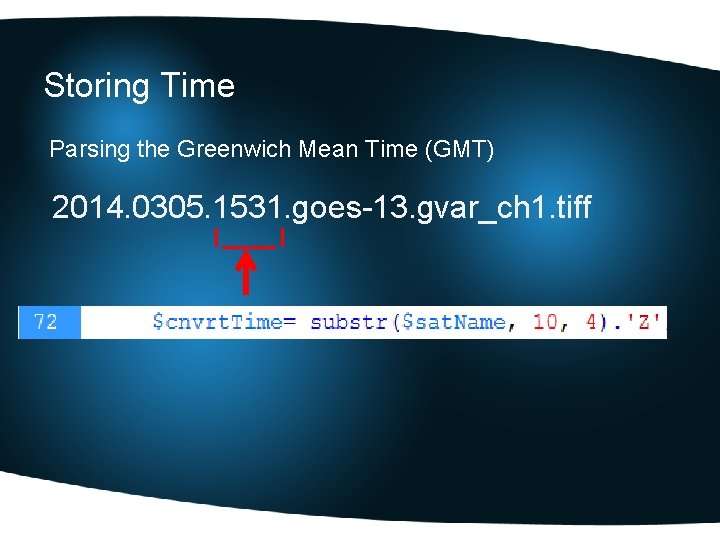 Storing Time Parsing the Greenwich Mean Time (GMT) 2014. 0305. 1531. goes-13. gvar_ch 1.