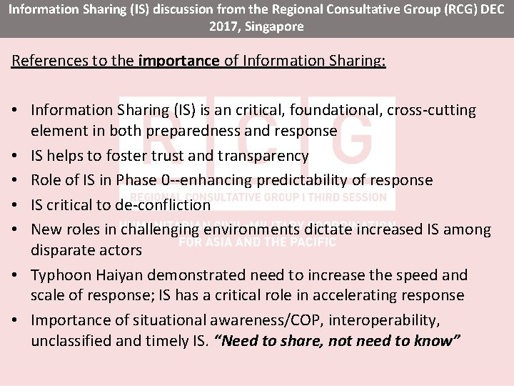 Information Sharing (IS) discussion from the Regional Consultative Group (RCG) DEC 2017, Singapore References