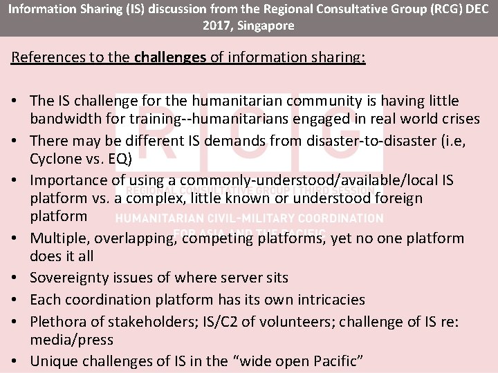 Information Sharing (IS) discussion from the Regional Consultative Group (RCG) DEC 2017, Singapore References