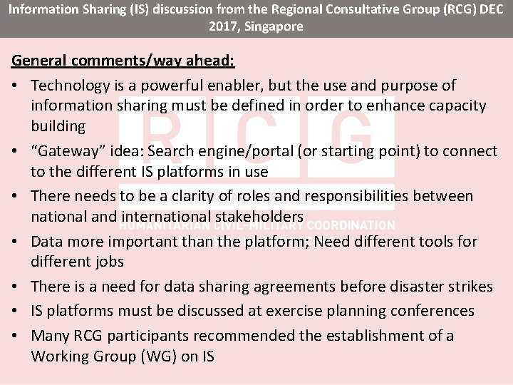 Information Sharing (IS) discussion from the Regional Consultative Group (RCG) DEC 2017, Singapore General