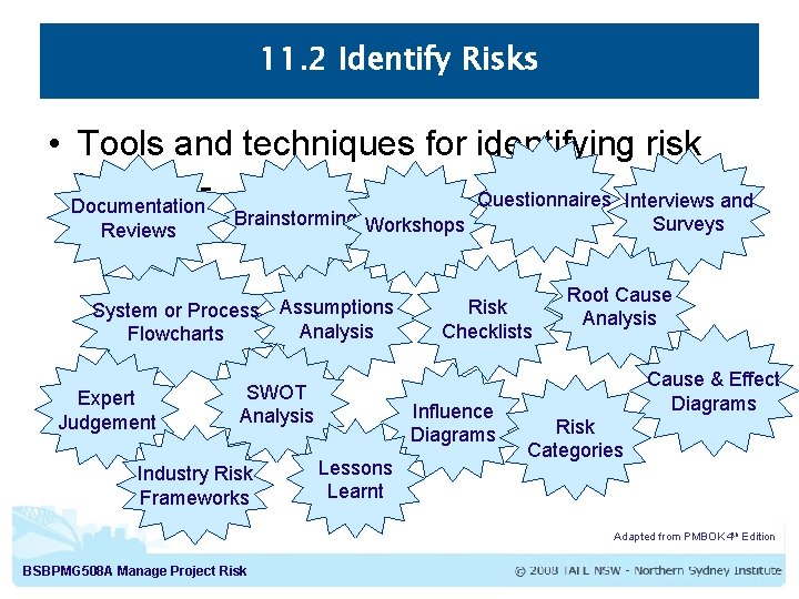 11. 2 Identify Risks • Tools and techniques for identifying risk include Questionnaires Interviews