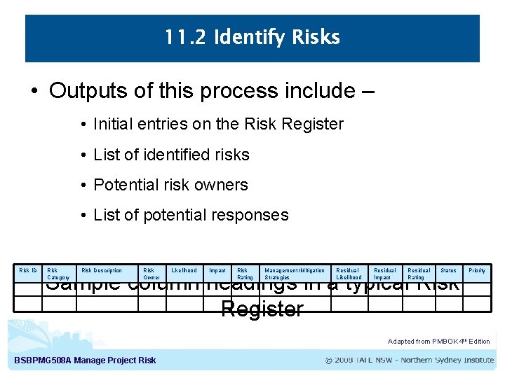 11. 2 Identify Risks • Outputs of this process include – • Initial entries