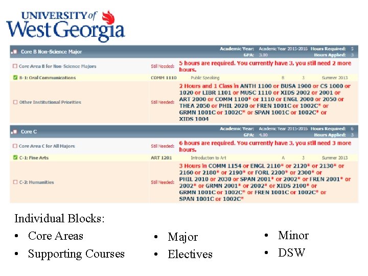 Individual Blocks: • Core Areas • Supporting Courses • Major • Electives • Minor