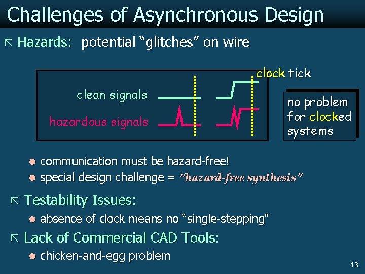 Challenges of Asynchronous Design ã Hazards: potential “glitches” on wire clock tick clean signals