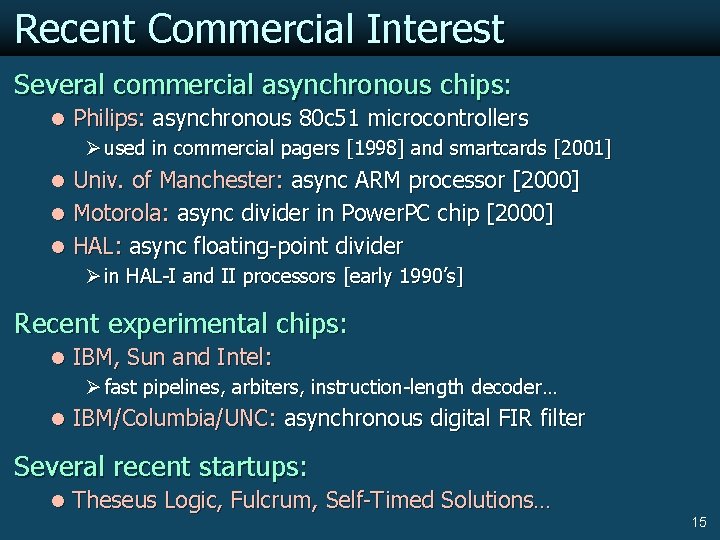 Recent Commercial Interest Several commercial asynchronous chips: l Philips: asynchronous 80 c 51 microcontrollers