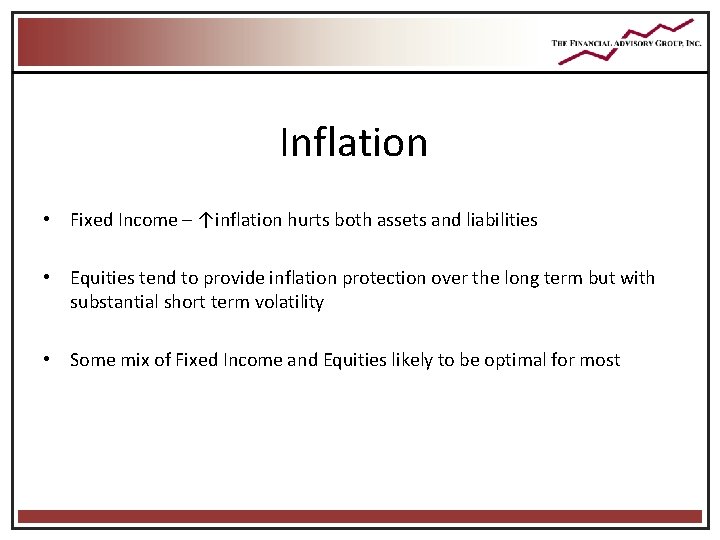 Inflation • Fixed Income – ↑inflation hurts both assets and liabilities • Equities tend Inflation • Fixed Income – ↑inflation hurts both assets and liabilities • Equities tend