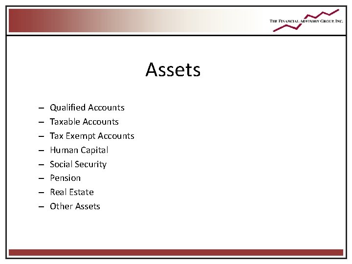 Assets – – – – Qualified Accounts Taxable Accounts Tax Exempt Accounts Human Capital Assets – – – – Qualified Accounts Taxable Accounts Tax Exempt Accounts Human Capital