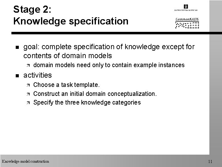 Stage 2: Knowledge specification n goal: complete specification of knowledge except for contents of Stage 2: Knowledge specification n goal: complete specification of knowledge except for contents of