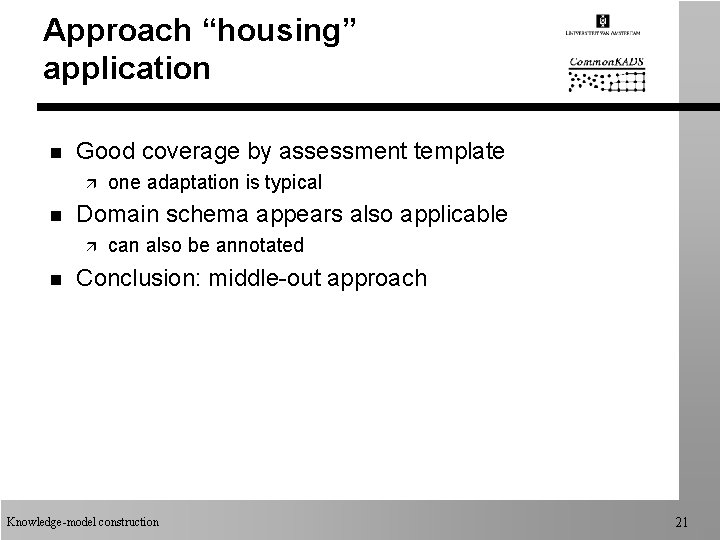 Approach “housing” application n Good coverage by assessment template ä n Domain schema appears Approach “housing” application n Good coverage by assessment template ä n Domain schema appears
