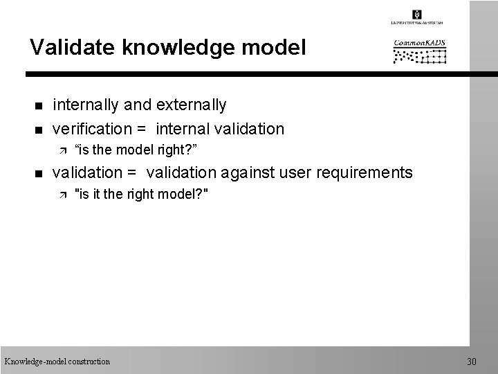 Validate knowledge model n n internally and externally verification = internal validation ä n Validate knowledge model n n internally and externally verification = internal validation ä n