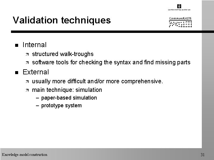 Validation techniques n Internal ä ä n structured walk-troughs software tools for checking the Validation techniques n Internal ä ä n structured walk-troughs software tools for checking the