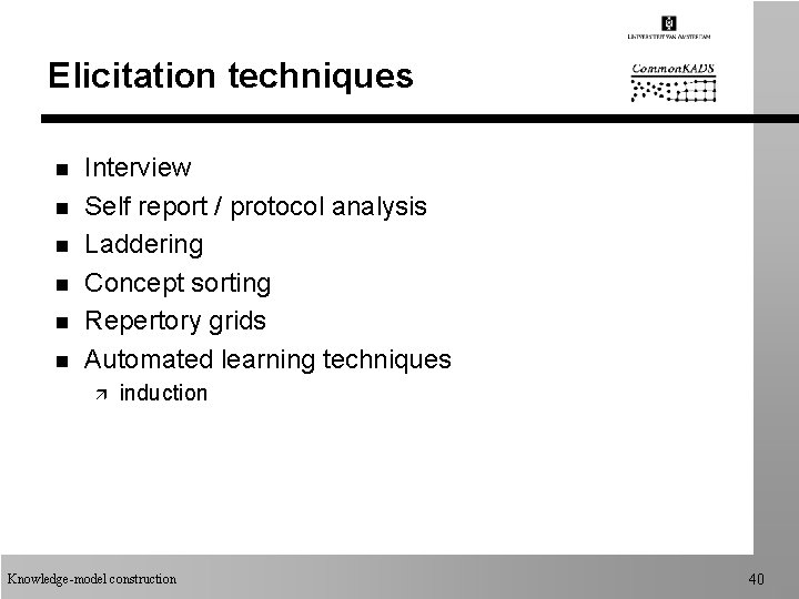 Elicitation techniques n n n Interview Self report / protocol analysis Laddering Concept sorting Elicitation techniques n n n Interview Self report / protocol analysis Laddering Concept sorting