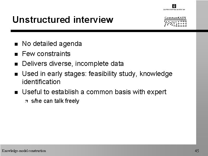 Unstructured interview n n n No detailed agenda Few constraints Delivers diverse, incomplete data Unstructured interview n n n No detailed agenda Few constraints Delivers diverse, incomplete data