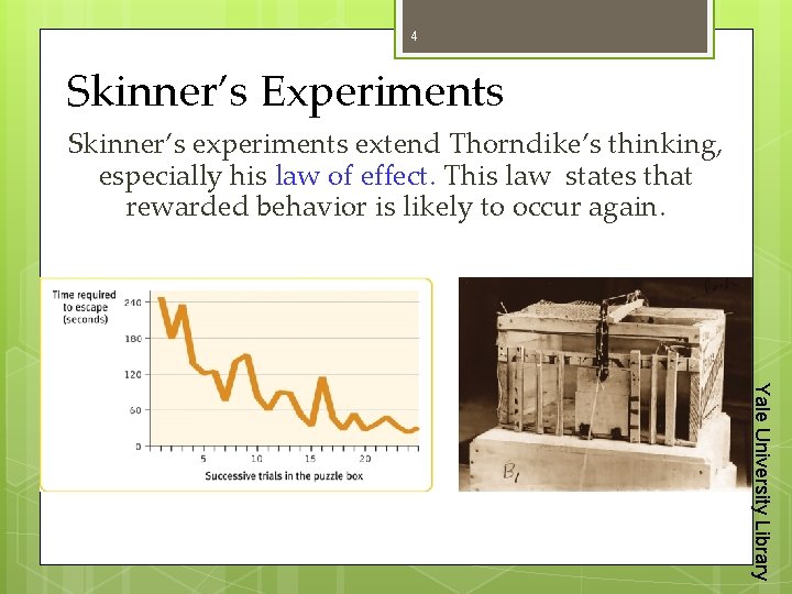 4 Skinner’s Experiments Skinner’s experiments extend Thorndike’s thinking, especially his law of effect. This